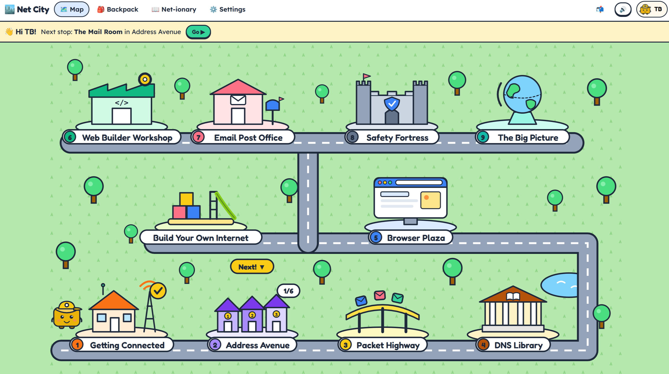 The Net City map with nine numbered zones joined by roads.